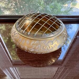 Vintage Brass Flower Frog Bowl with Insert, Etched Floral Metal Vase